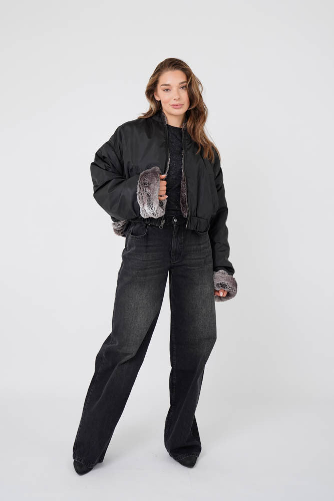 Kinski Wild Jacket Faux Fur Grey Mix with Black Taffeta