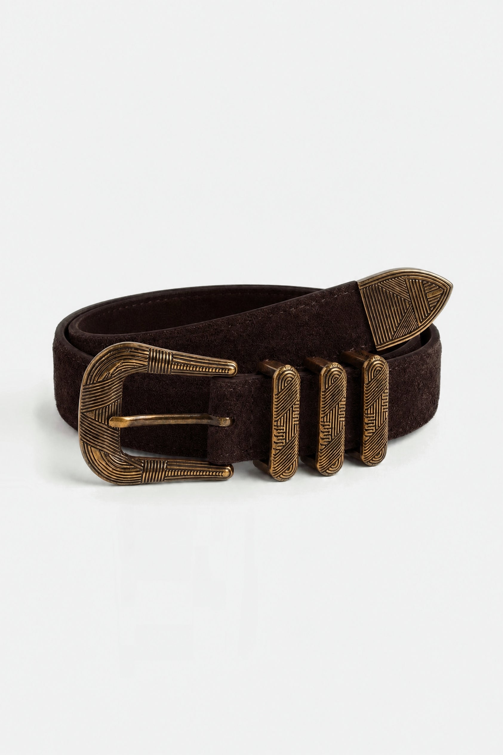 ATHINA BELT DARK BROWN SUEDE GOLD opgerold