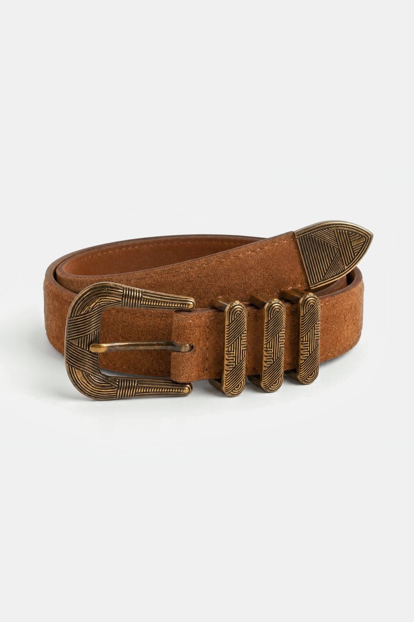ATHINA BELT COGNAC SUEDE GOLD opgerold-v4