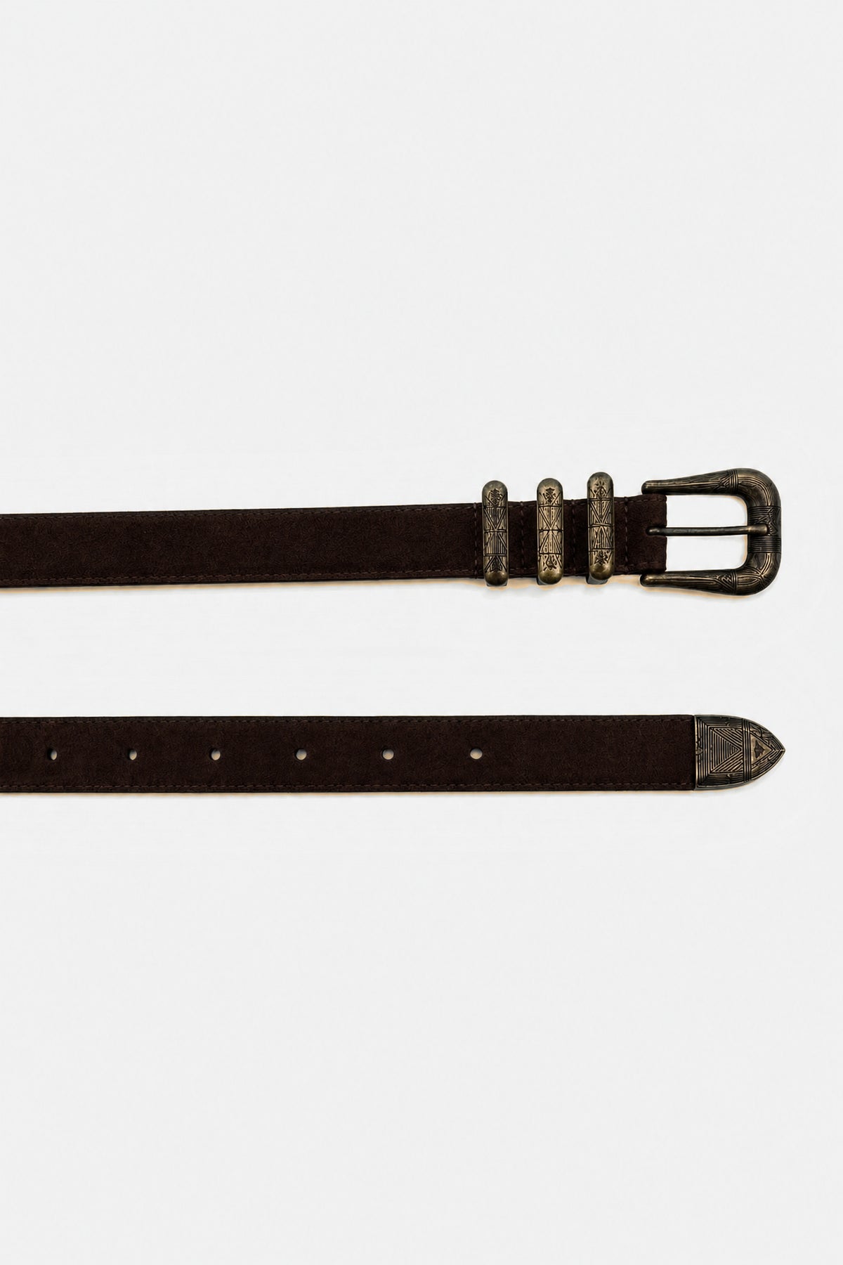 ATHINA BELT DARK BROWN SUEDE GOLD ausgestreckt