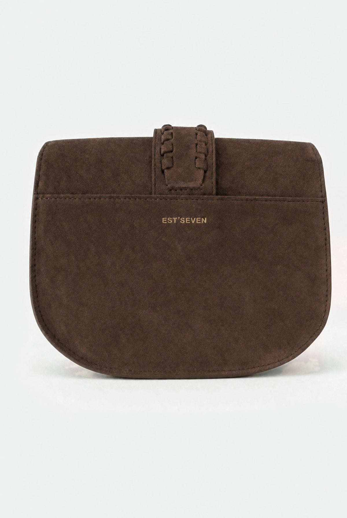 NOE BAG DARK BROWN SUEDE — Rückansicht mit EST'SEVEN-Logo
