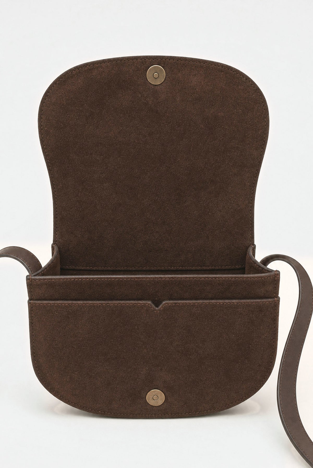 NOE BAG DARK BROWN SUEDE — Innenansicht mit Schulterriemen