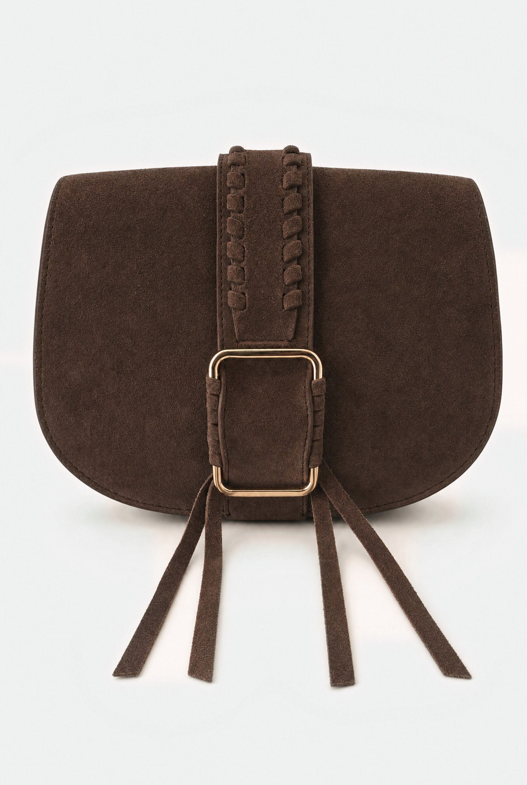 NOE BAG DARK BROWN SUEDE — donkerbruine suède schoudertas, vooraanzicht