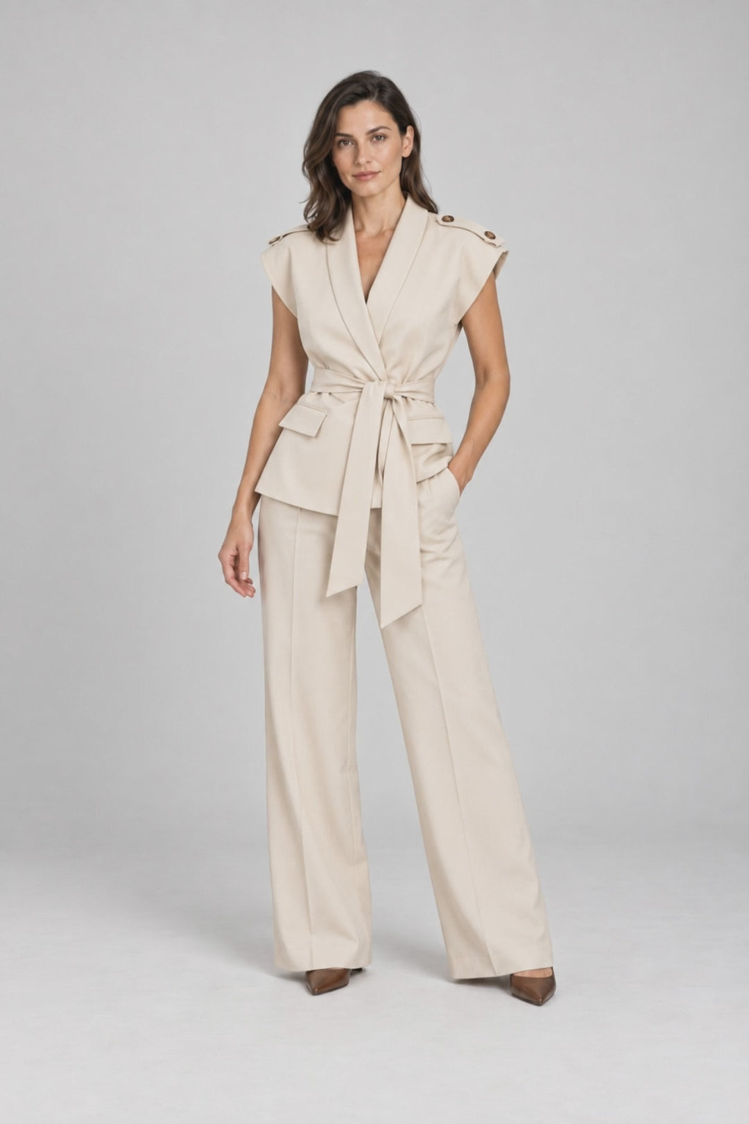 SIRAL TOP BEIGE — nieuw model, voor-, zij- en achteraanzicht